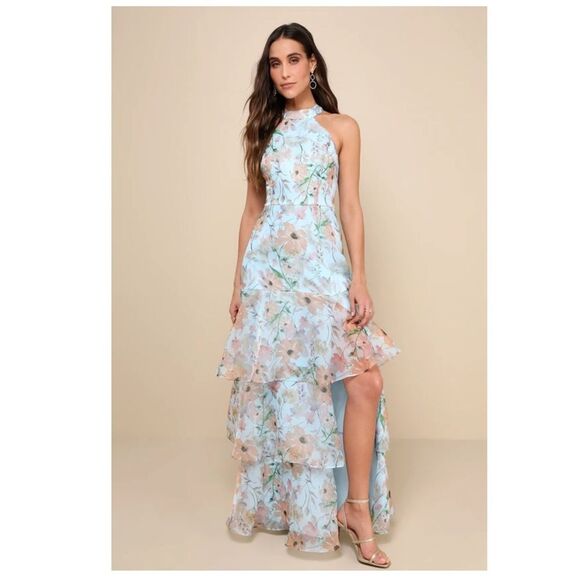Lulus Forever Exceptional Light Blue Floral Halter Organza Maxi Dress, Medium - Picture 2 of 5